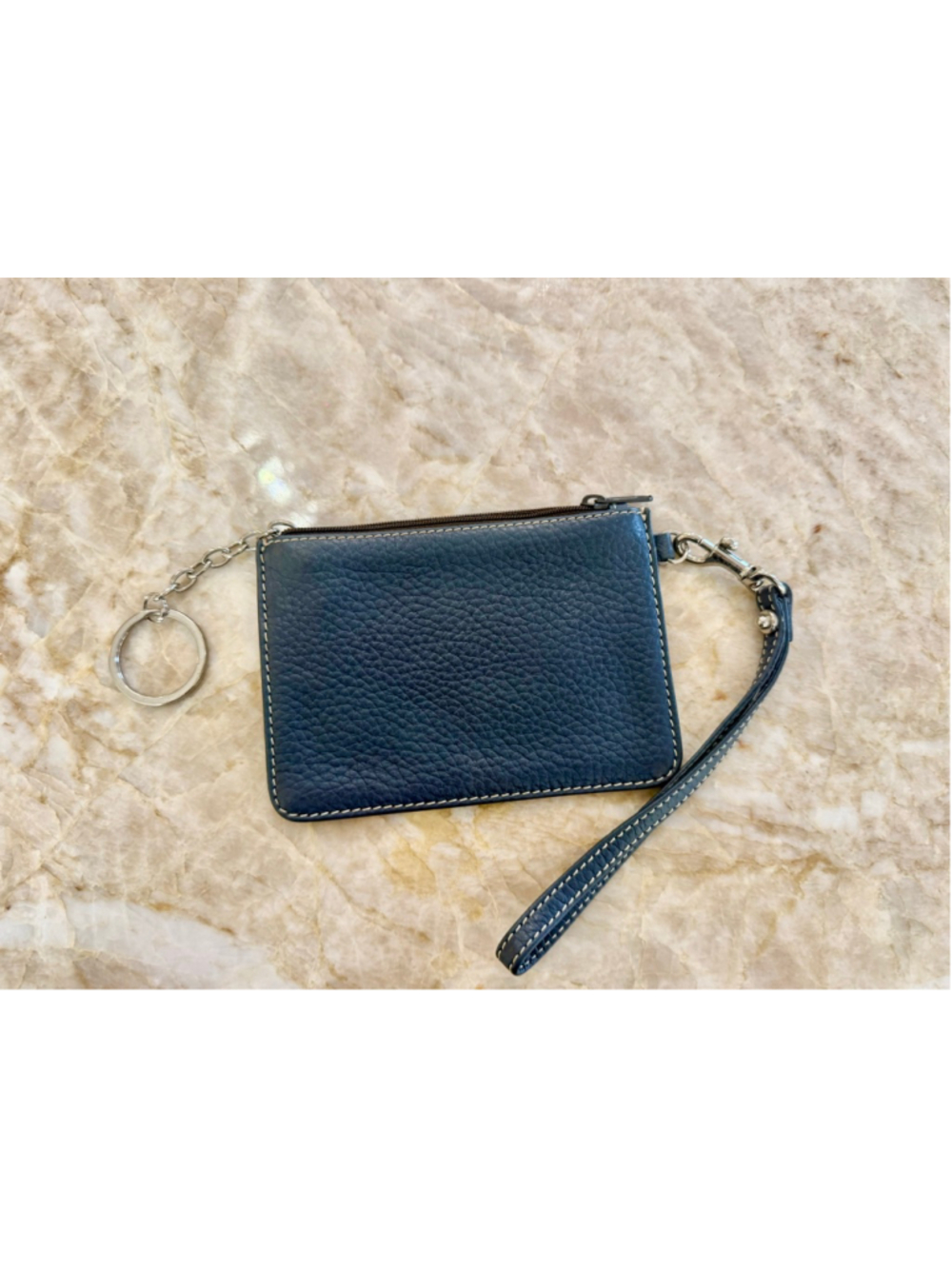 Dooney & Bourke Navy Leather Wristlet, silver hardware, key ring pebble leather